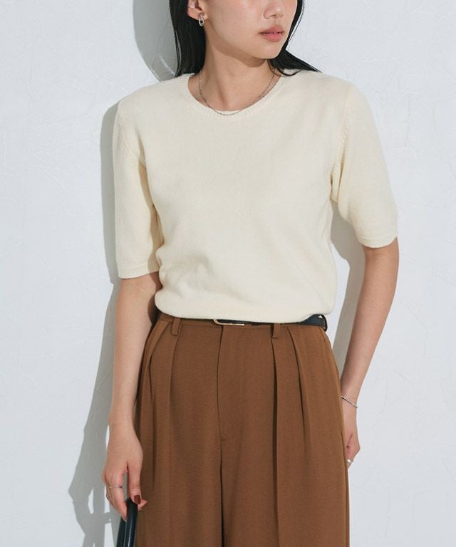 TAN 半袖ニット ケーブルリブオープンカラー半袖ニットTシャツ(1 アイボリー): PEACH