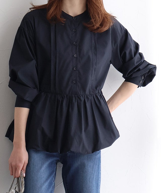 バンドカラーバルーンペプラムブラウス