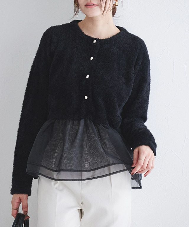 【ブラック】シャギードッキングショートニットトップス セール】シャギードッキングショートニットトップス（ニット/セーター