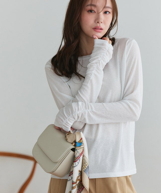 袖シャーリングシアーロングスリーブTシャツ トップス レディース