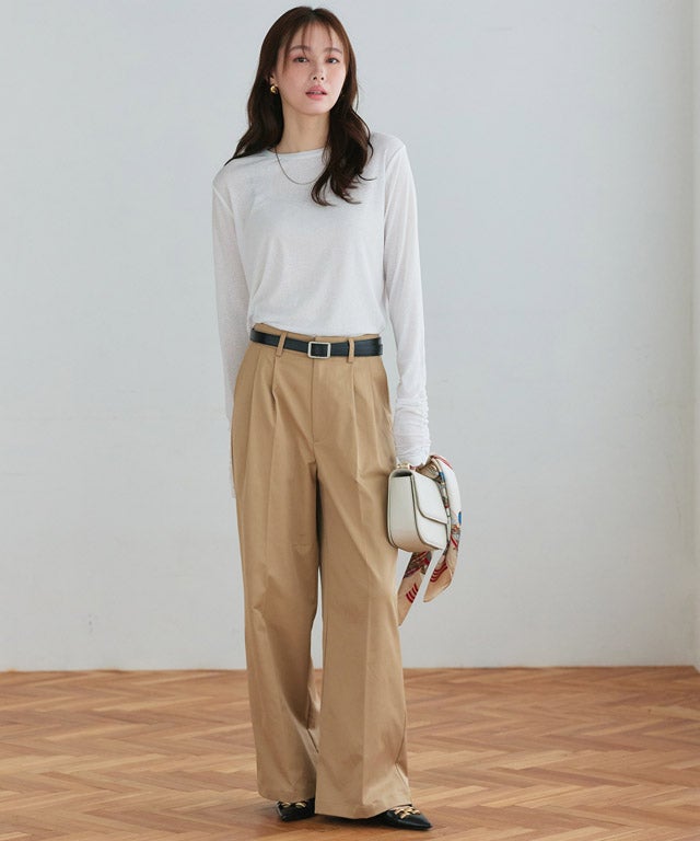 袖シャーリングシアーロングスリーブTシャツ トップス レディース