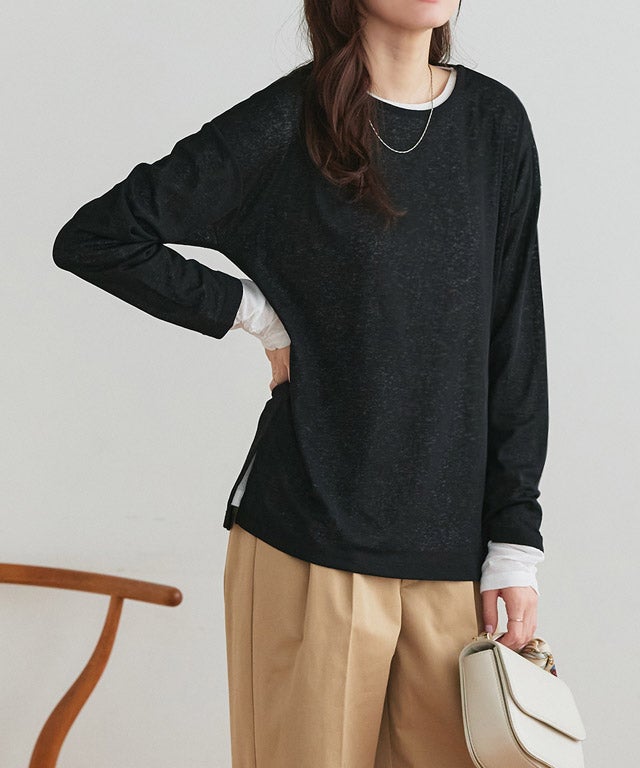 袖シャーリングシアーロングスリーブTシャツ トップス レディース