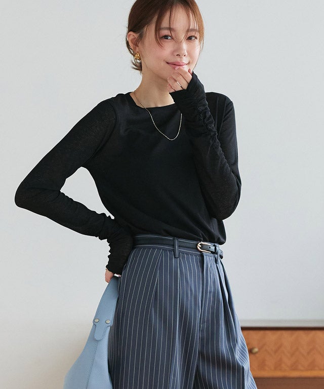 袖シャーリングシアーロングスリーブTシャツ トップス レディース