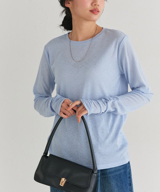 袖シャーリングシアーロングスリーブTシャツ トップス レディース
