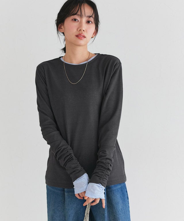 袖シャーリングシアーロングスリーブTシャツ トップス レディース