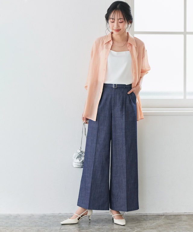 低身長サイズあり】ベルト付きシャンブレーワイドパンツ【スピード配送