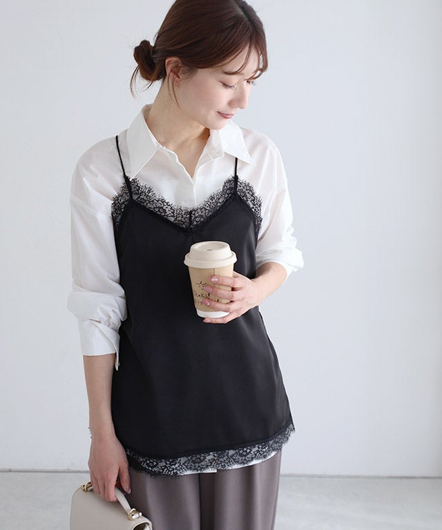 Col Pierrot Minimal トップス キャミソール ブラック 会員優待】サテンレースキャミソール【Pierrot】【スピード配送