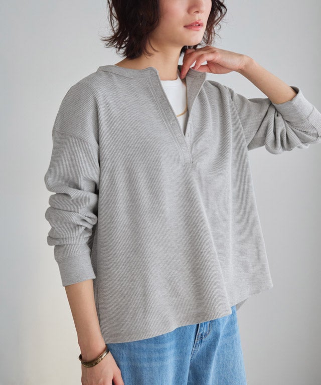 綿混ワッフルヘンリーネックカットソー【Pierrot】 【スピード配送