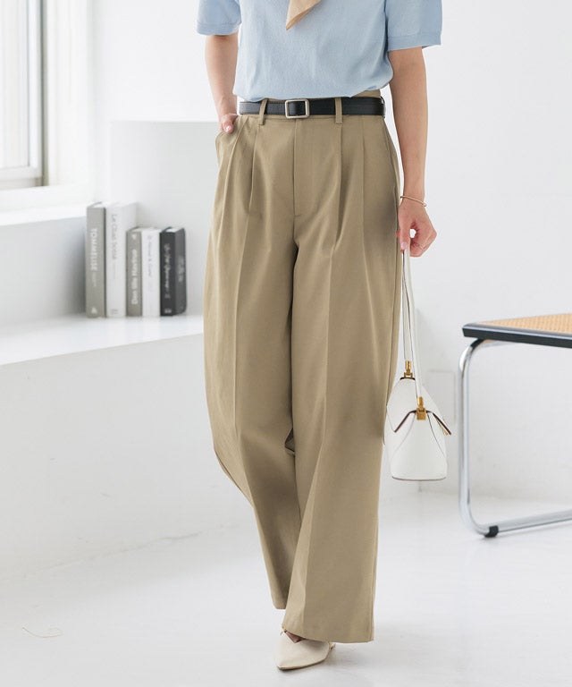 低身長サイズあり】エステルツイルタックワイドパンツ【Pierrot