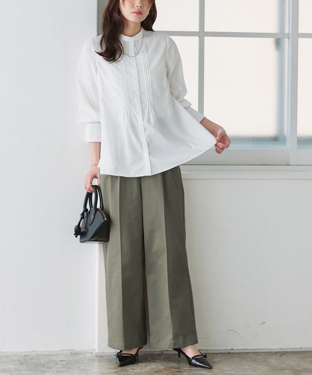 低身長サイズあり】エステルツイルタックワイドパンツ【Pierrot