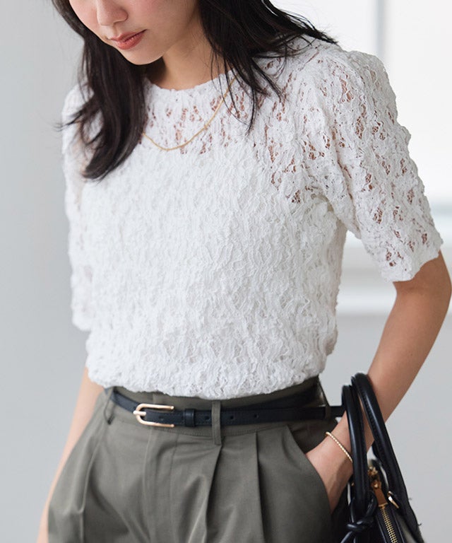 パフスリーブカットレースカットソー