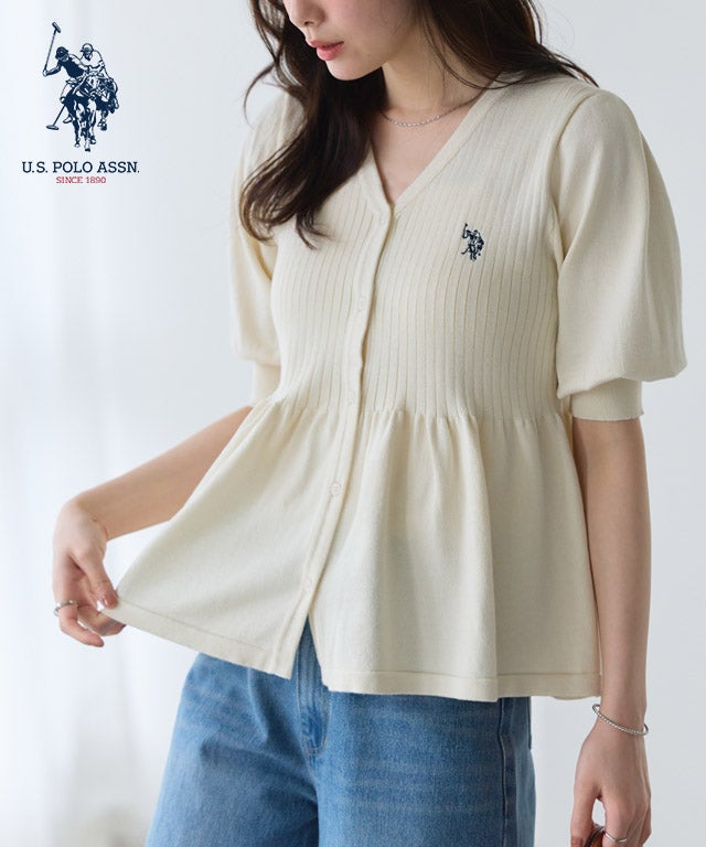 【U.S.POLO ASSN.】パフスリーブペプラムニットカーディガン