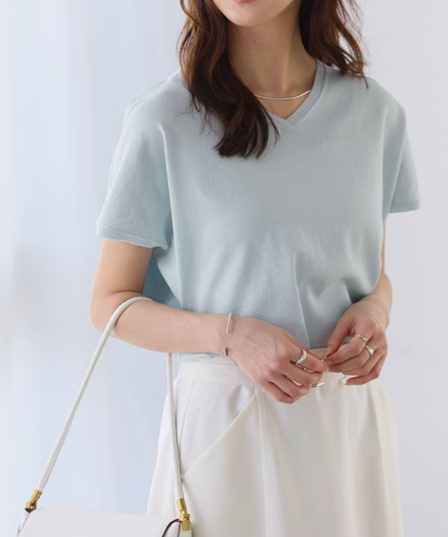 163cm / ライトブルー / Vネック / M