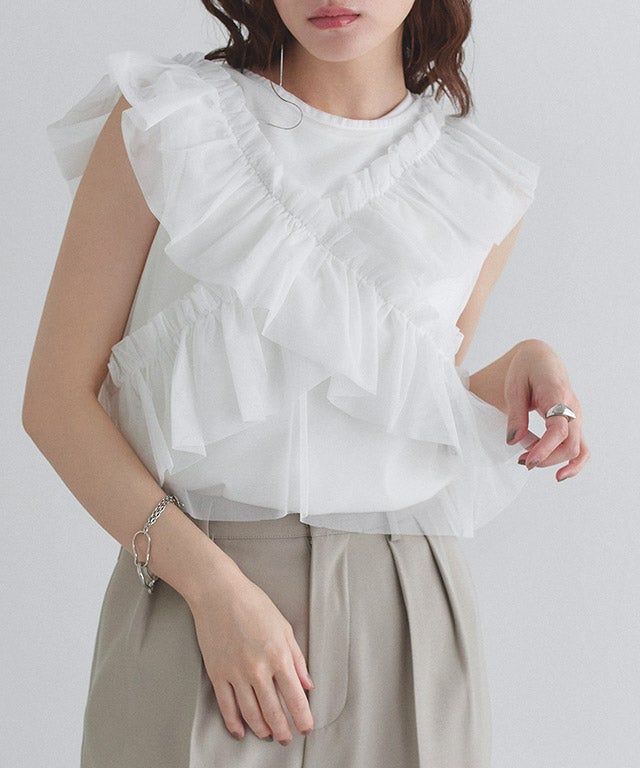 [ECLAM]【SET】2wayチュールフリルベスト×ノースリーブカットソー