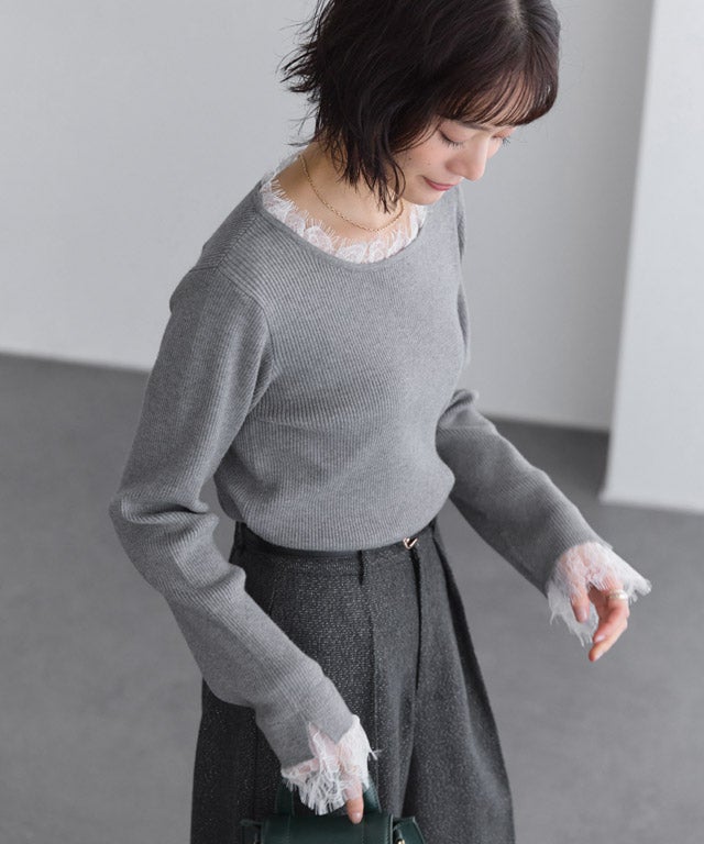 163cm / 杢グレー×オフホワイト / ボートネック / M